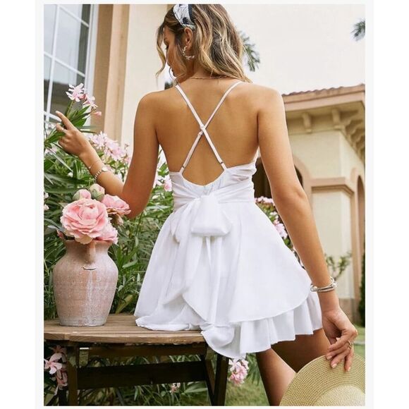 NEW White Crisscross Open Back Mini Dress S - Picture 4 of 6